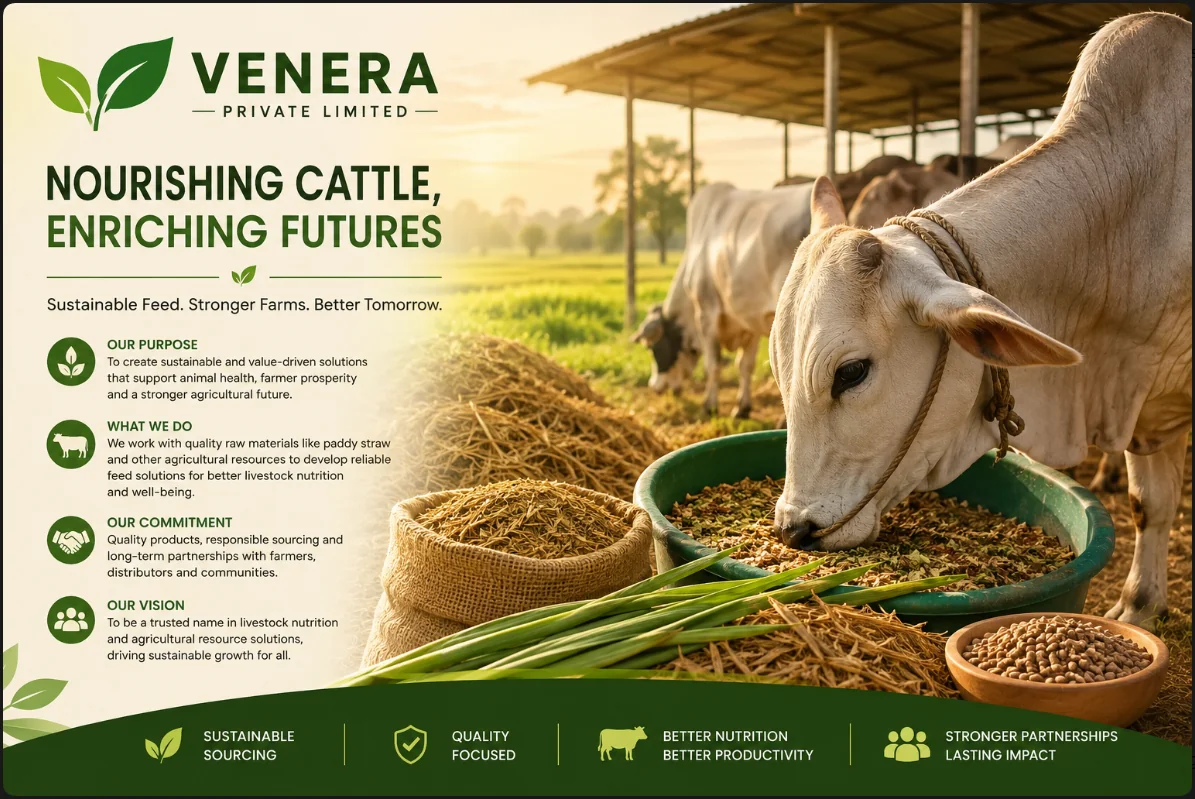 Venera Private Limited overview: a calf feeding on paddy straw and feed mix at a cattle shed, alongside Our Purpose, What We Do, Our Commitment and Our Vision highlights