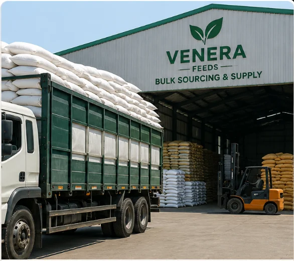 A truck loaded with packed feed bags outside a Venera Feeds bulk sourcing and supply warehouse, with a forklift moving stacked sacks