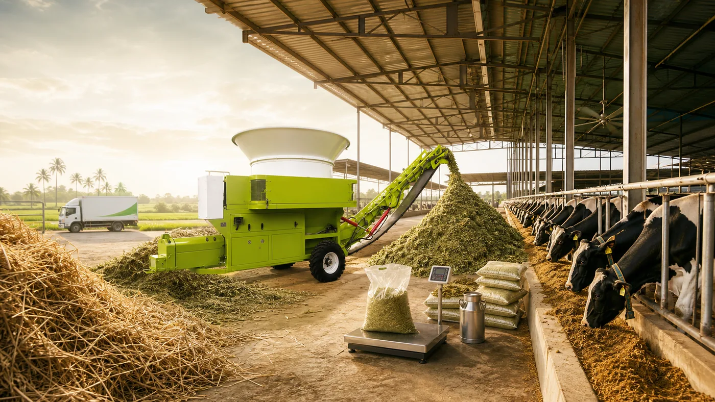 Straw processing machine, weighing scale and packed feed beside a dairy shed where cattle are being fed