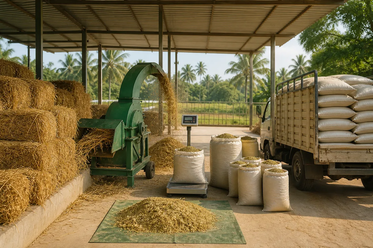 Straw grinding machine, a weighing scale and packed bags being loaded onto a truck under a farm shed