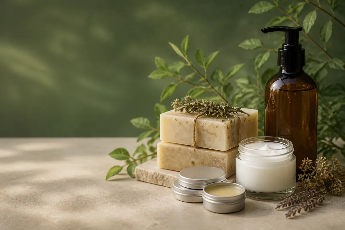 Herbal soap bars, lip balm tins, a face cream jar and a herbal shampoo bottle