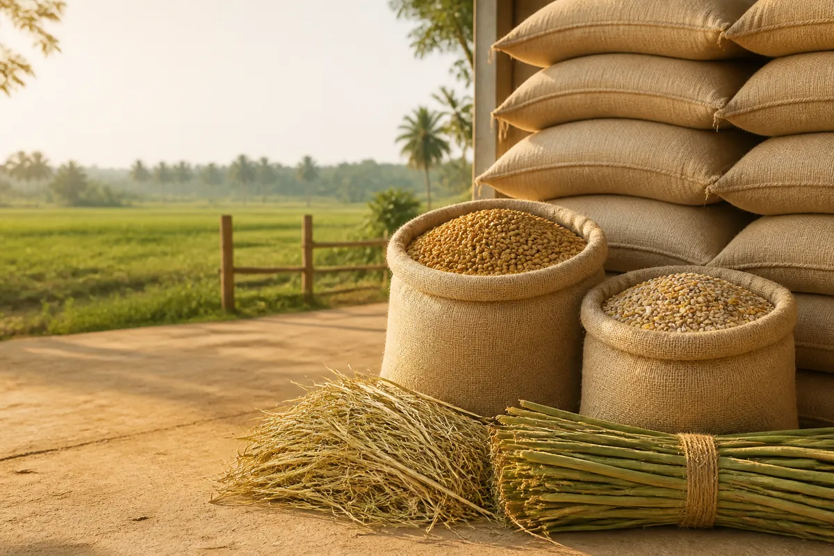 Sacks of cattle feed stacked outside a storage barn, with bundled straw in front
