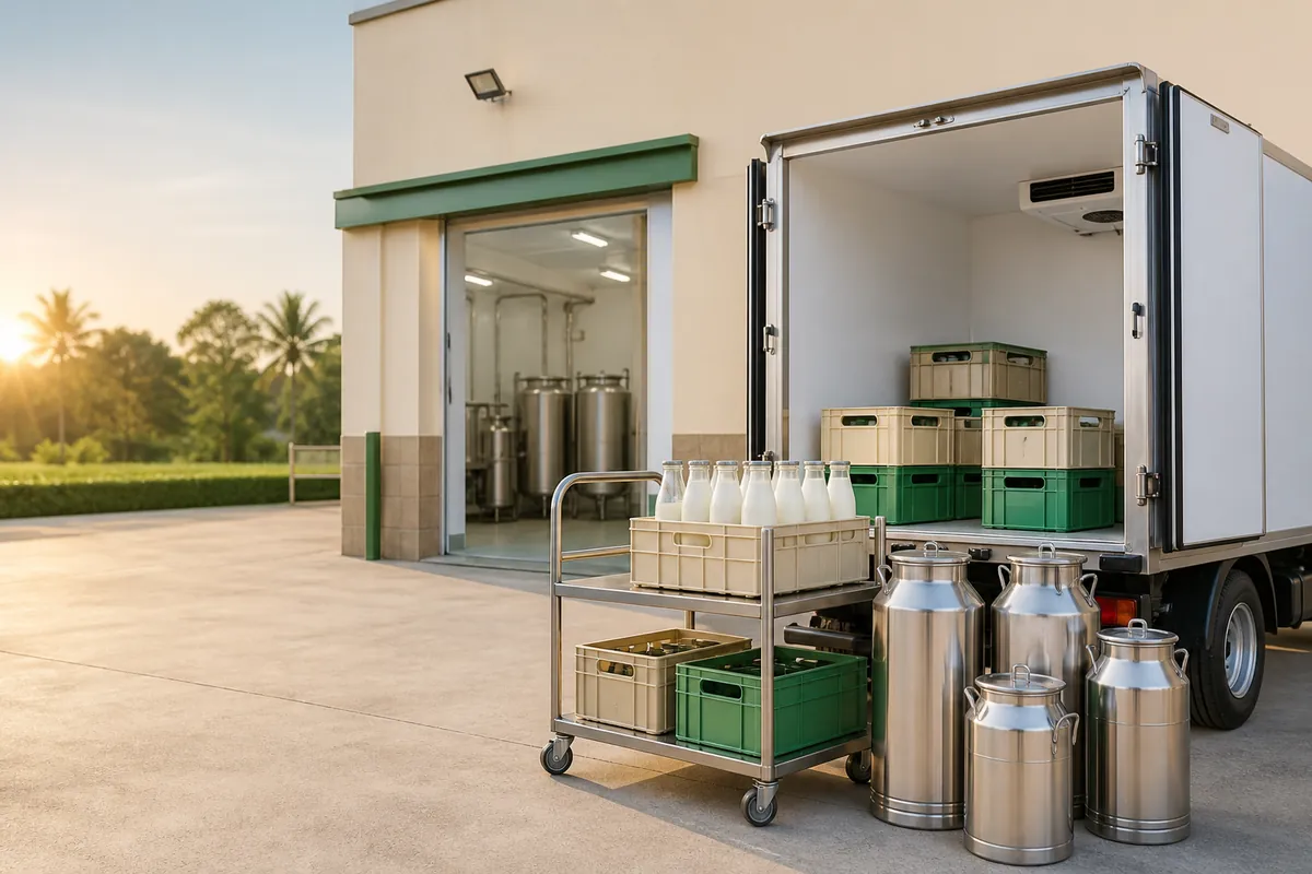 Milk cans and crated bottles being loaded into a refrigerated delivery van