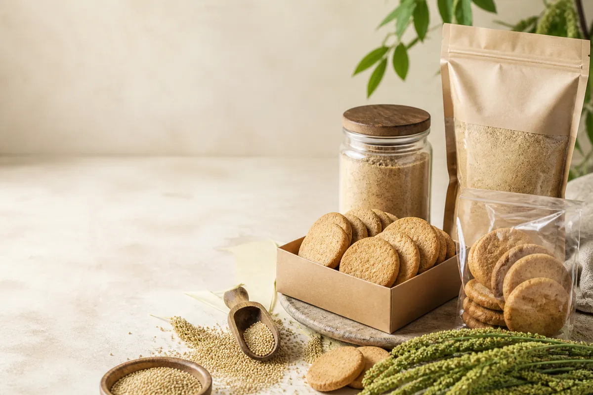 Millet biscuits and packets of health mix powder beside raw millet grain