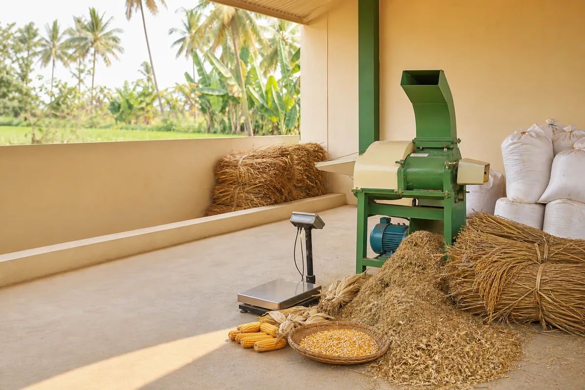 Straw chopping machine beside a weighing scale, loose straw and packed sacks