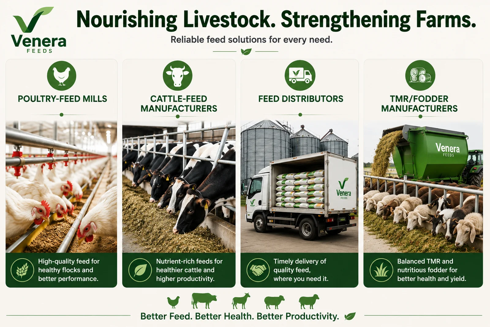 Venera Feeds livestock applications: poultry feed mills, cattle feed manufacturers, feed distributors and TMR/fodder manufacturers