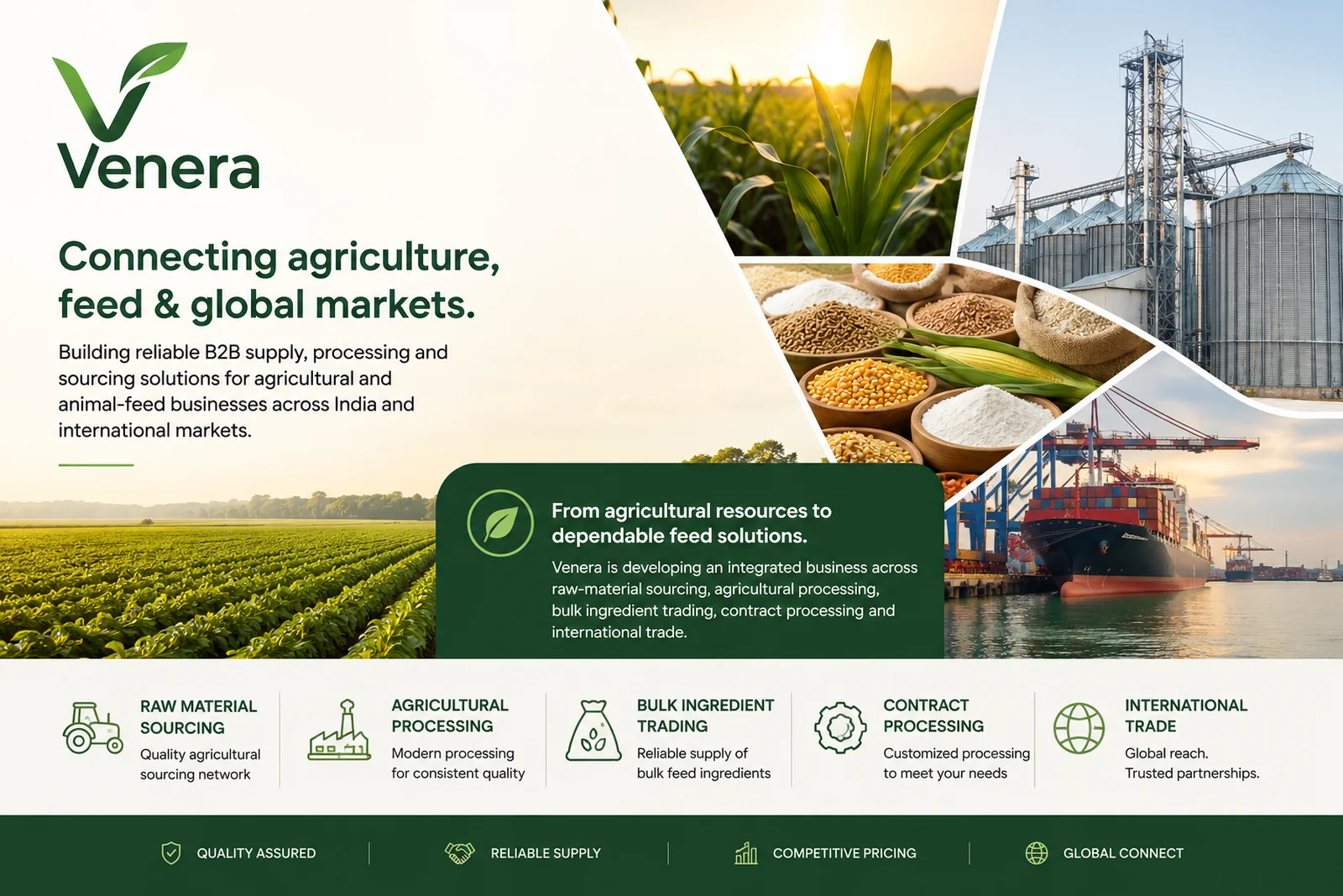 Venera banner collage: a corn field at sunrise, agricultural storage silos, bulk feed ingredients and a container ship at port